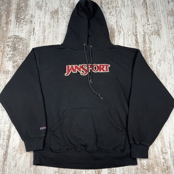 Jansport Other - VTG Jansport Black Hoodie‎ Embroidered Spellout Sz L Blokecore